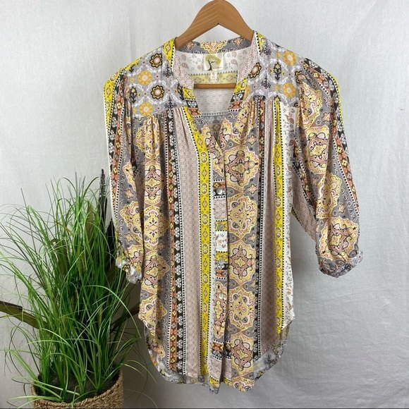 Anthropologie Fig & Flower Print Button 1/2 length Sleeve Blouse Top S Small - Picture 2 of 6